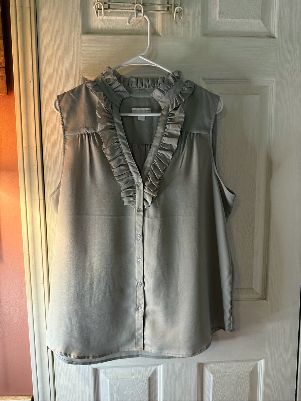 New York & Co. Ruffled V-Neck Sleeveless Blouse - Light Gray